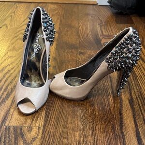 Sam Edelman Women's Beige Peep Toe Heels with Studded Detail